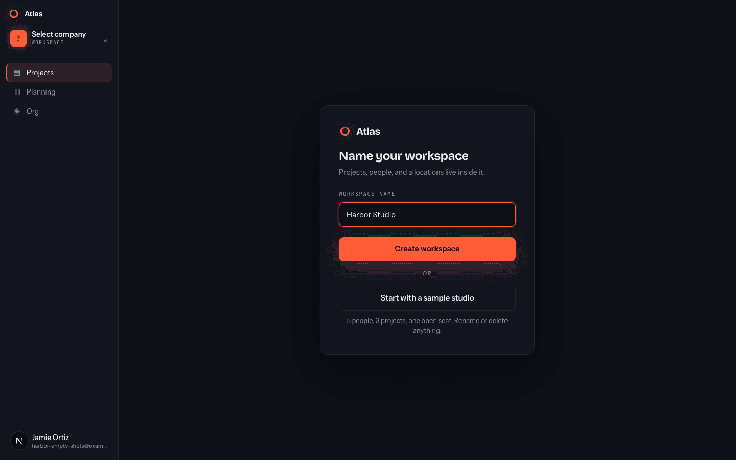 Screenshot: the Name your workspace card, with a workspace name typed into the field.