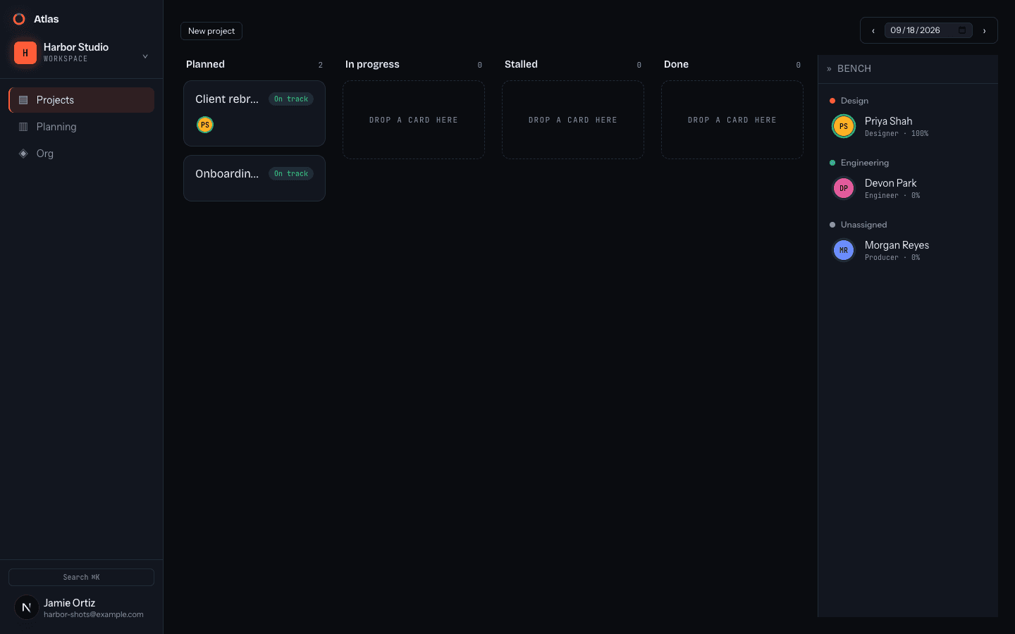 Screenshot: the projects board with one person staffed on a project and the bench drawer open, showing who else is free.
